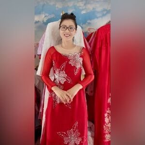 Ao dai tơ anh kim, Vietnamese traditional long dress set 2 m red 🎁 new year Tết